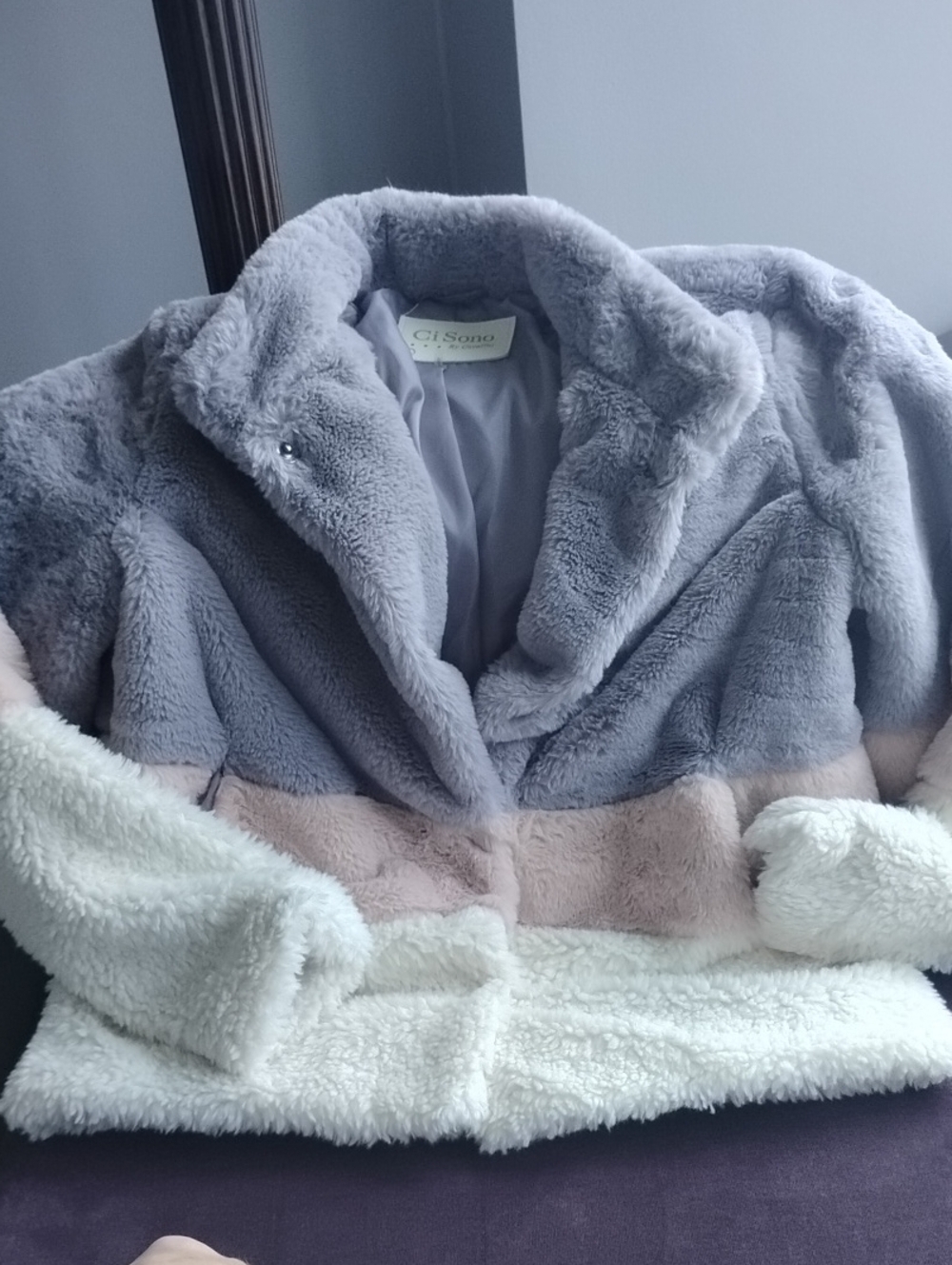Ci Sono Colorblock Plush Faux-Fur Jacket in Gray, Blush and Cream